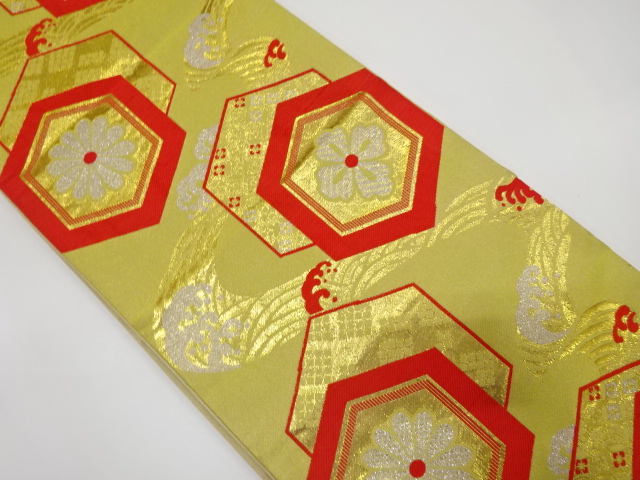 アンティーク　亀甲に花・流水模様織り出し袋帯（着用可）